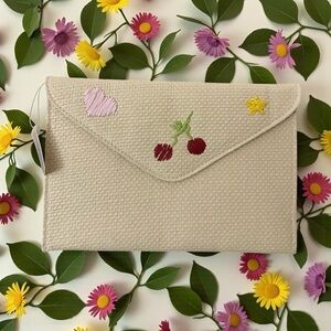 Color Play Straw Clutch with Embroidered  Cherry, Heart &‎ Straw Accents New
